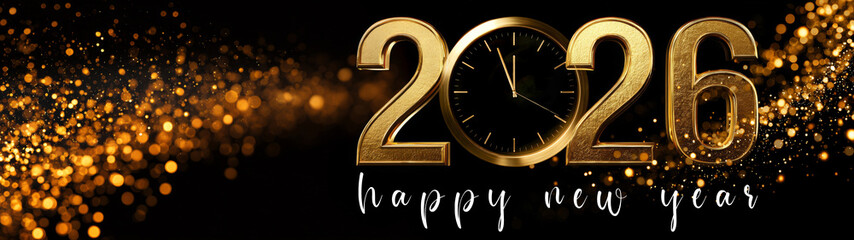 Happy new Year, new Year's eve celebartion holiday greeting card long banner, illustration with text - Golden year 2026, clock and bokeh lights on black background