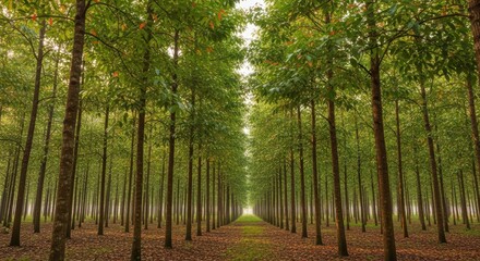 Fototapeta premium Symmetrical forest path with tall trees and sunlight through green canopy