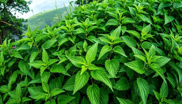 Lush green foliage of stinging nettles fills the frame, a vibrant display of nature's bounty.