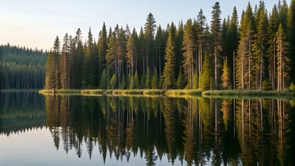 Fototapeta premium Serene forest landscape with tall pine trees reflected in calm lake water during sunset perfect for nature backgrounds, outdoor travel visuals and mindfulness applications