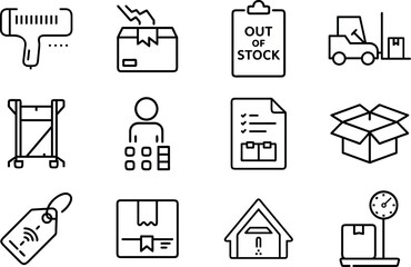 Collection of logistic and shipping icons, including barcode scanner, package, forklift, cart, person, document, box, tag, and scale, isolated on transparent background