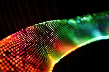 A vibrant, multicolored, swirling stream of light composed of countless tiny illuminated dots against a stark black background. The colors transition smoothly from red to orange, yellow, green, 