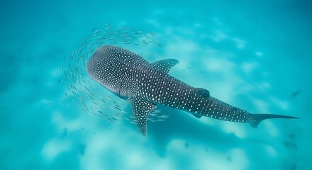 A large whale shark swims gracefully through clear, turquoise ocean waters, surrounded by a school of small fish.