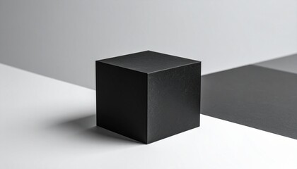 A black cube sitting on top of white surface background elements expression composition design illustration creative emotion cartoonish scene frame layers gesture backgrounds movement