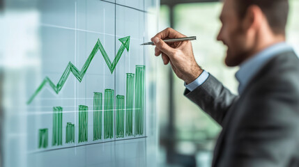 businessman drawing a growth graph on a whiteboard.