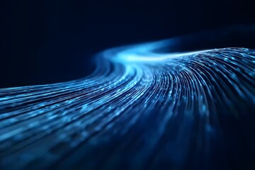 Abstract blue background with glowing light waves and lines, representing fast digital data transfer in the network of internet technology. 