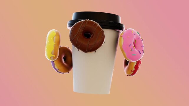 Notional Donut Day horizontal 3D paper coffee cup latte cappuccino glazed sweet rotating roulette pop loop animation celebration event festival advertisement marketing groovy stripes food background