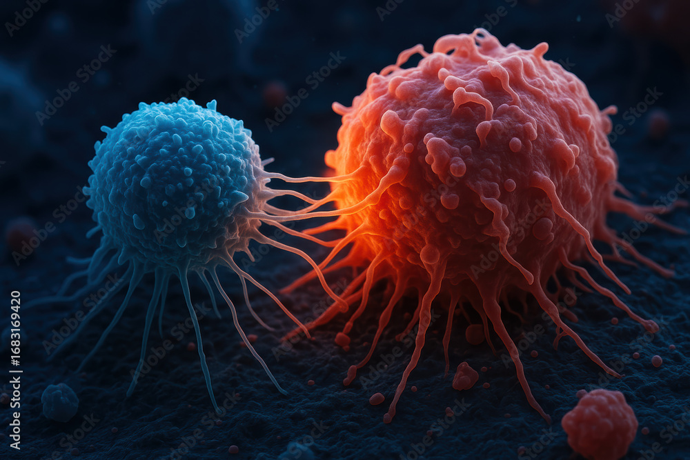 Aufkleber incredible immune response shows interaction attacking cancer cells with microscopic cellular view f