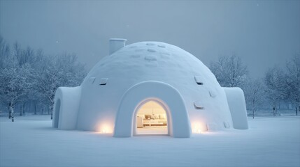 Cozy Igloo in Winter Landscape with Soft Glow of Interior Light
