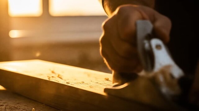 Skilled craftsman shaping wood with hand planer in sunlight workshop studio