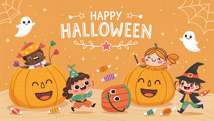 Happy Halloween Cartoon Illustration with Cute Kids and Pumpkins