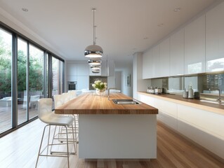 Obraz premium A kitchen with a wooden counter top and a large island