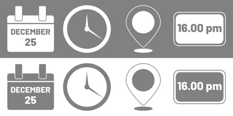 Address time date icons set. Address location icon. Clock icon. Calendar icon. Time, date and address icon set. Calendar, clock, location. Editable stroke. Icons for time date and location information