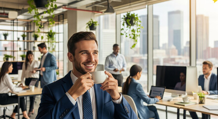 Smiling, confident businessman enjoying a coffee break in a bright, modern office with colleagues working in the background