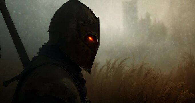 Thickening mist enveloping knight in plate armor in wheat field, with longsword and glowing helm
