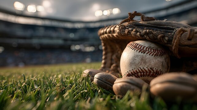 Worn leather baseball glove with a baseball rests on the manicured grass of a major league field, with stadium lights blurred in the background.
