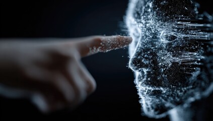 A hand points towards a digital face.  Abstract representation of human connection and technology.  Digitally rendered human face, close-up