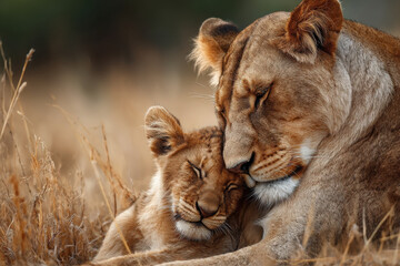 Obraz premium Mother lion rests with her playful cub in golden grasslands at dusk