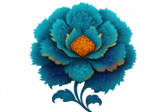 Vivid blue wildflower displaying soft petals surrounding brilliant orange center, floating against transparent backdrop - Powered by Adobe