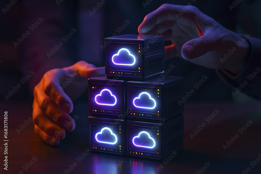 Poster cloud and logo symbols represent hosting technology powering secure data network systems