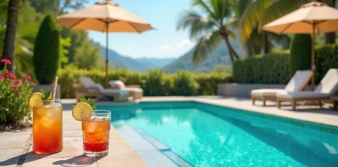 Obraz premium Lazy summer days spent lounging by the pool, sunshine warming the skin, refreshing drinks nearby, perfect relaxation , unwind, blue, rest