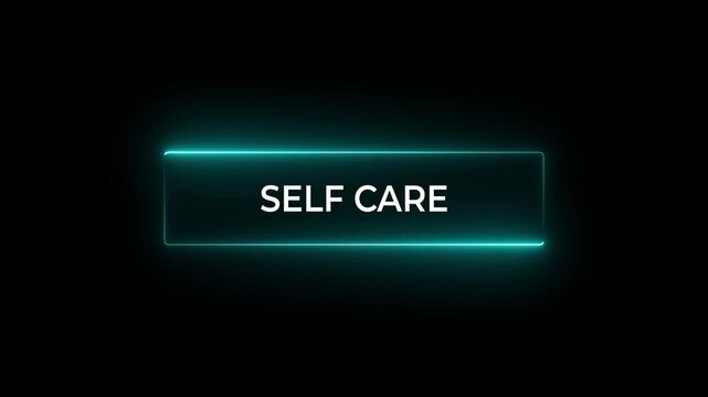 Signpost with Self Care wording. 3D rendering. glow neon line and left to right direction arrow animation on a black background.