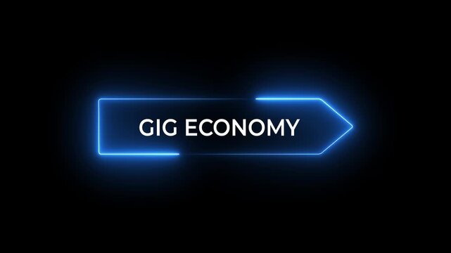 Signpost with Gig Economy wording. 3D rendering. glow neon line and left to right direction arrow animation on a black background. 4k