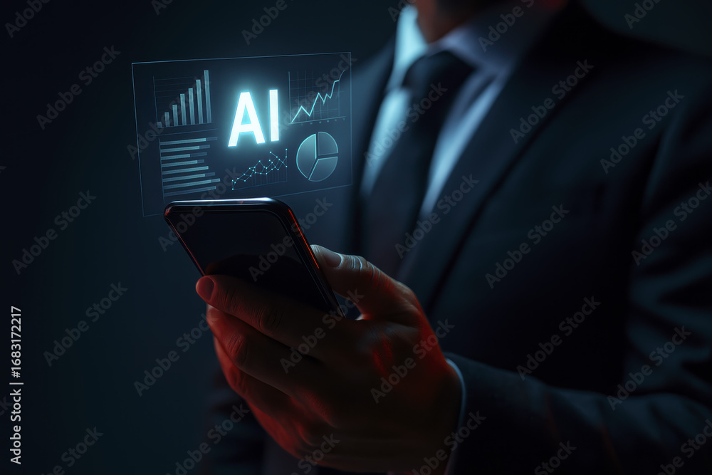 Poster artificial intelligence and business technology create innovative digital data insight with cinemati