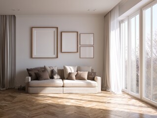 Fototapeta premium A living room with a white couch and a white wall