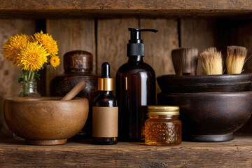 Natural skincare products arranged on a rustic wooden shelf