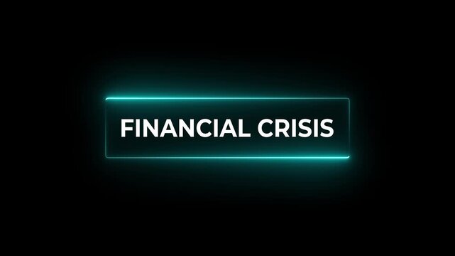 Signpost with Financial crisis wording. 3D rendering. glow neon line and left to right direction arrow animation on a black background.