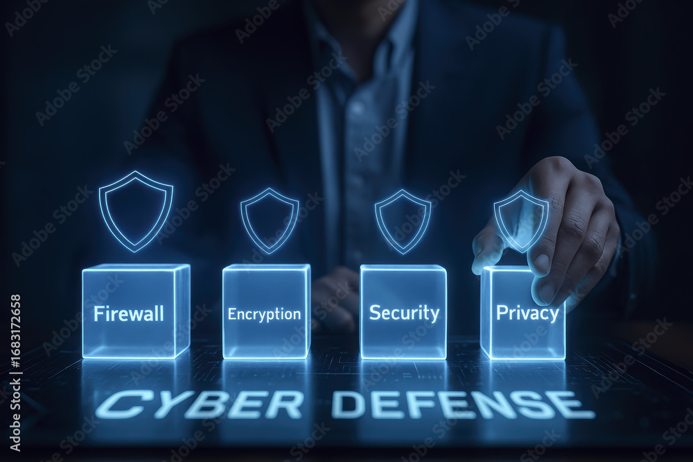 Poster firewall encryption security privacy cyber defense and protection create an essential digital safety