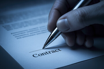 Contract agreement and business document inspire professional sign to authorize formal deal with cold corporate mood