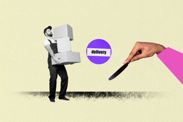 Full 3d zine pop trend image collage of happy girl guy stand delivery service shipment box hand knife distribution fast courier