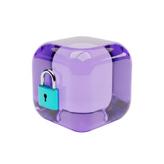 A translucent purple cube, digitally rendered, securely sealed with a small teal padlock.