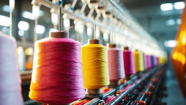 Colorful spools of thread arranged in textile factory production line with modern machinery creating vibrant industrial manufacturing scene