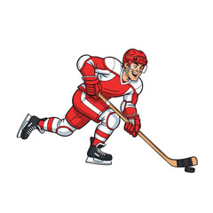 Obraz premium Energetic cartoon ice hockey player character skating with a stick and puck. A dynamic vector illustration of an athlete in action