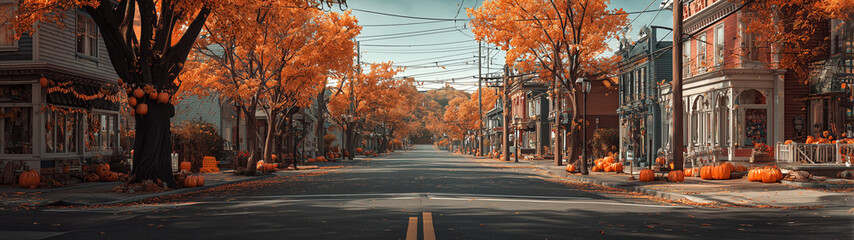 Fototapeta premium Streets of an old American town are decorated for Halloween