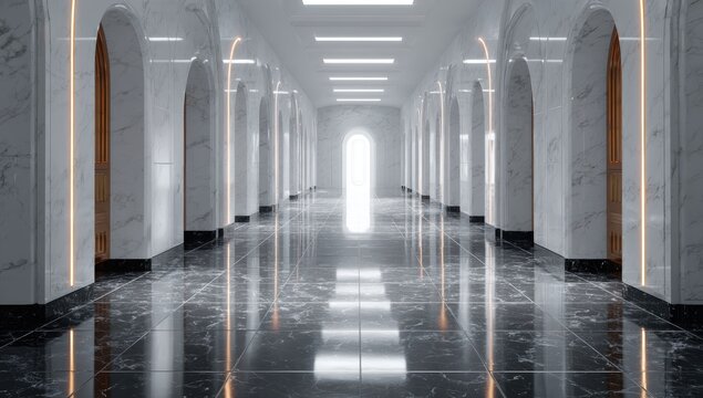 Elegant marble hallway leading to light