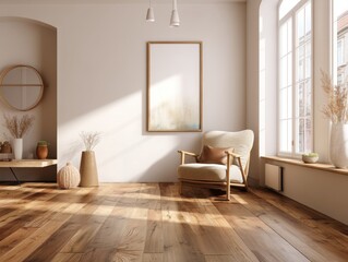 Fototapeta premium A living room with a white wall and a wooden floor
