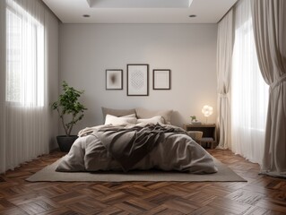 A bedroom with a bed, a lamp, and a plant