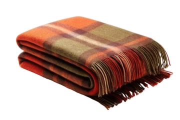 Folded plaid wool throw blanket in rust, olive, and brown tones.  Fringed edges
