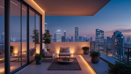 Obraz premium Modern minimalist balcony offers a serene urban retreat with warm lighting, against the backdrop of a city skyline at dusk for high fidelity.
