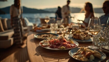 Luxurious outdoor dining on a yacht at sunset