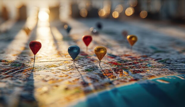 Map pins marking locations on a city map, sunlit