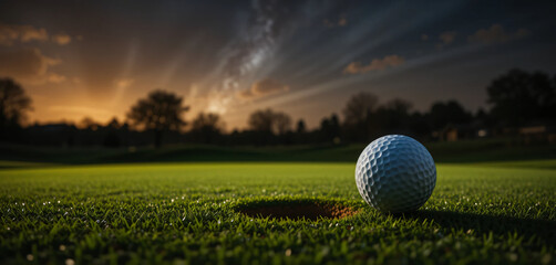 Golf ball near the hole at sunset with dramatic dark clouds