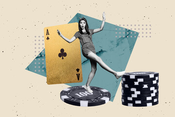 Full 3d image zine pop trend collage of shocked girl stand cards combination stack chip winning...