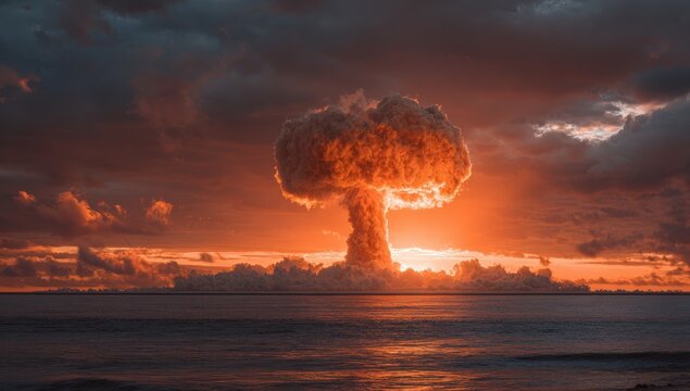 A powerful atomic explosion over the ocean at sunset