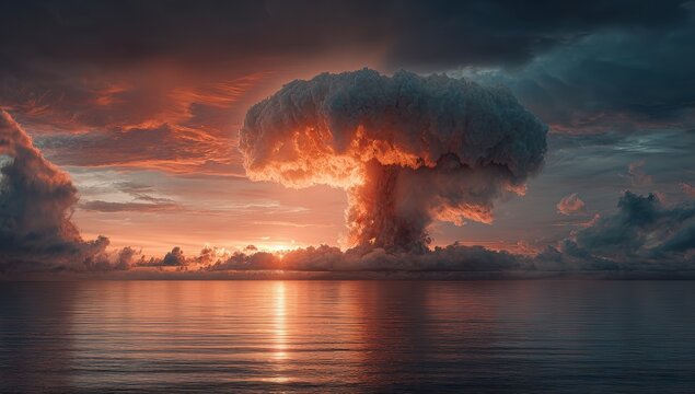 Atomic explosion over ocean at sunrise