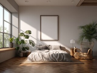 A bedroom with a bed, a chair, a plant, and a window